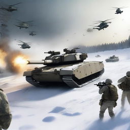 A dynamic scene featuring an M1 Abrams tank firing in the snow