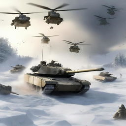 A dynamic scene featuring an M1 Abrams tank firing in the snow