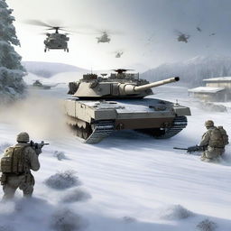 A dynamic scene featuring an M1 Abrams tank firing in the snow