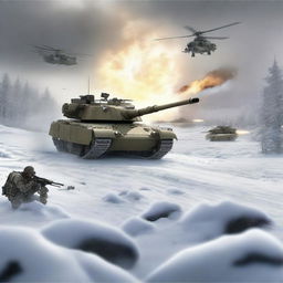 A dynamic scene featuring an M1 Abrams tank firing in the snow