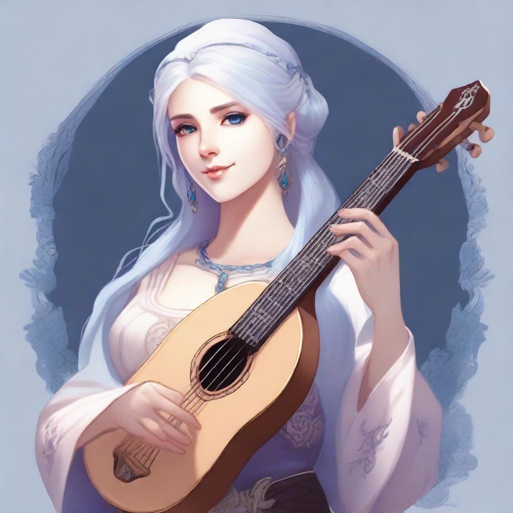 A detailed illustration of an air genasi female bard