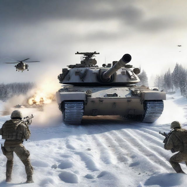 A dramatic scene of an M1 Abrams tank firing in the snow