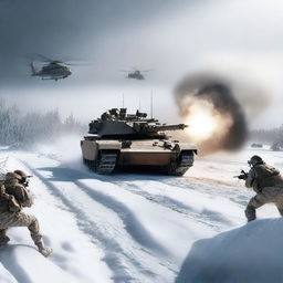 A dramatic scene of an M1 Abrams tank firing in the snow