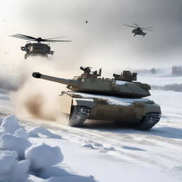 A dramatic scene of an M1 Abrams tank firing in the snow