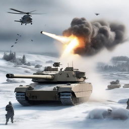 A dramatic scene of an M1 Abrams tank firing in the snow