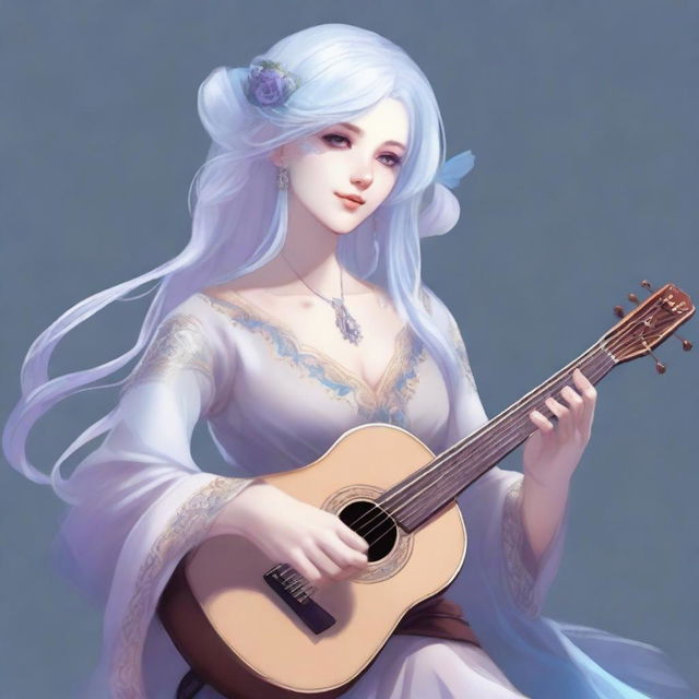 A detailed illustration of an air genasi female bard