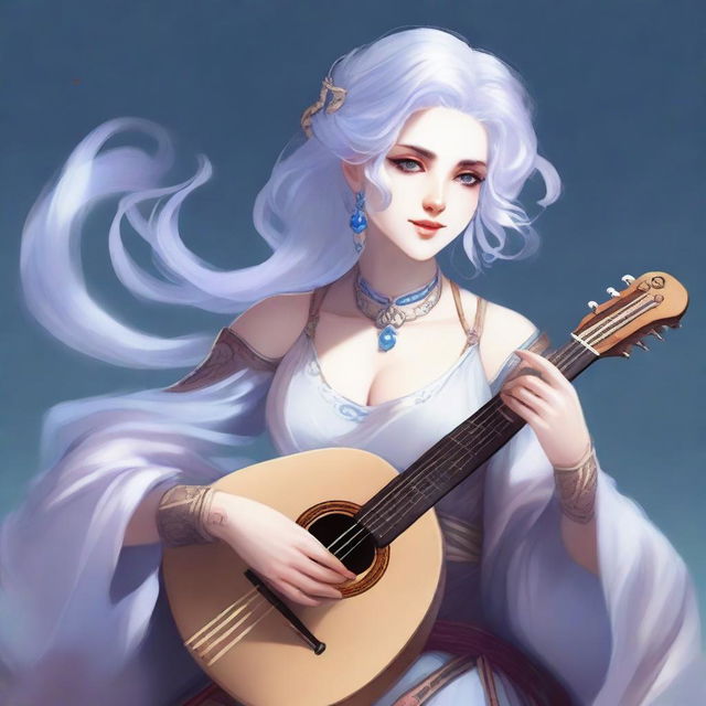 A detailed illustration of an air genasi female bard