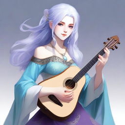 A detailed illustration of an air genasi female bard