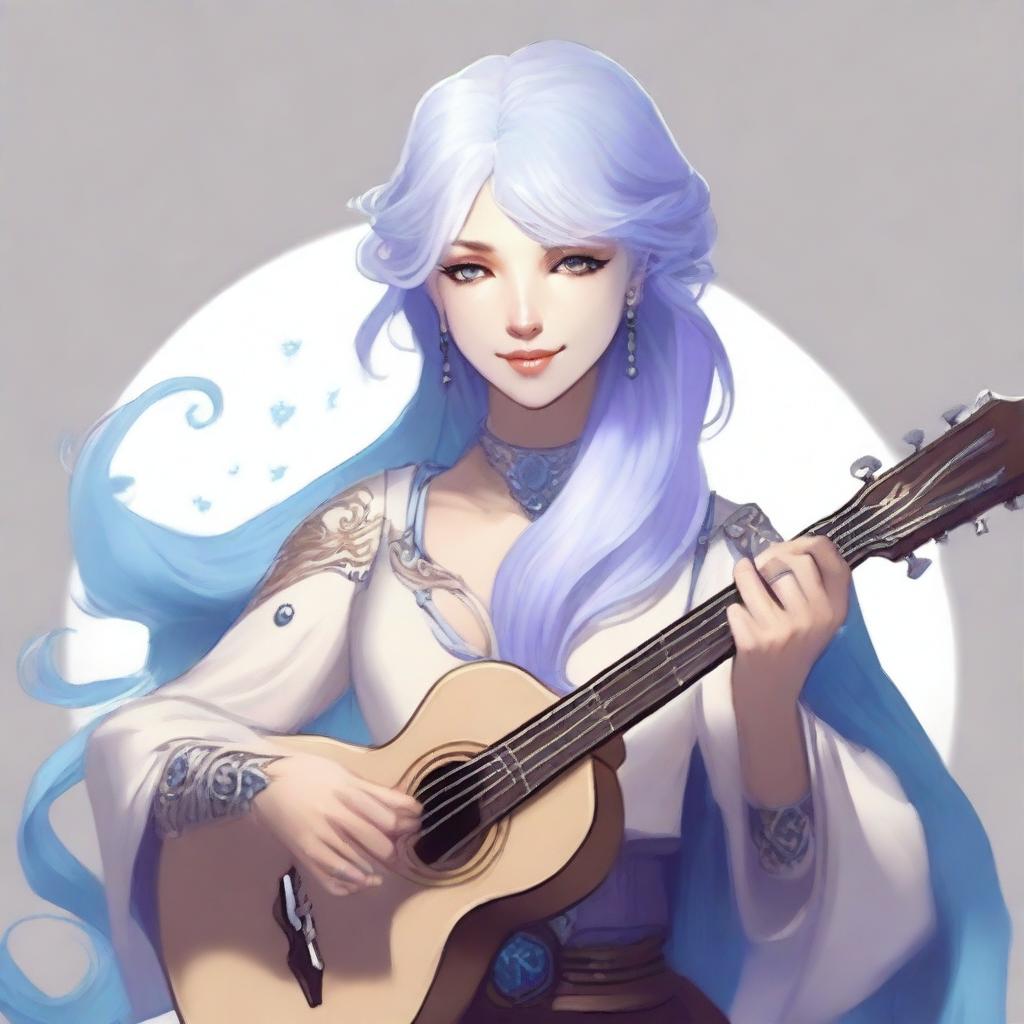 A detailed illustration of an air genasi female bard