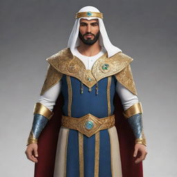 Design a character for a league, name him Super Arabich. Make him heroic, with elements inspired by Arabian culture.