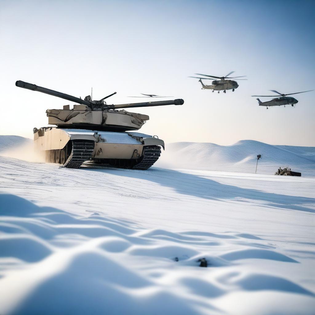 A detailed image of an M1 Abrams tank in a snowy landscape, with helicopters flying overhead