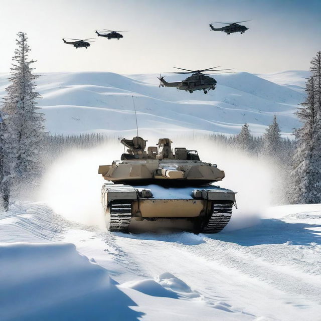 A detailed image of an M1 Abrams tank in a snowy landscape, with helicopters flying overhead