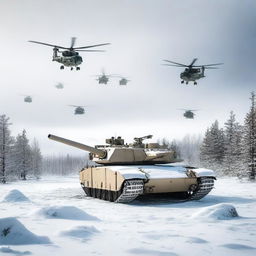 A detailed image of an M1 Abrams tank in a snowy landscape, with helicopters flying overhead