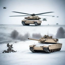 A detailed image of an M1 Abrams tank in a snowy landscape, with helicopters flying overhead and soldiers in the background