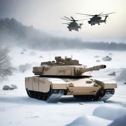 A detailed image of an M1 Abrams tank in a snowy landscape, with helicopters flying overhead and soldiers in the background