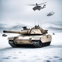 A detailed image of an M1 Abrams tank in a snowy landscape, with helicopters flying overhead and soldiers in the background