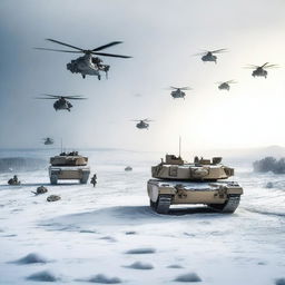 A detailed image of an M1 Abrams tank in a snowy landscape, with helicopters flying overhead and soldiers in the background