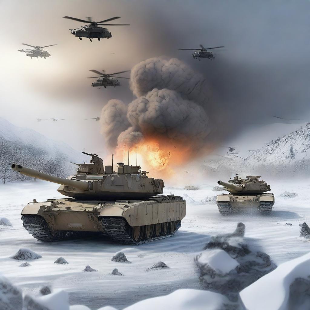 A detailed image of an M1 Abrams tank in a snowy landscape, with helicopters flying overhead, soldiers in the background, and explosions occurring all around