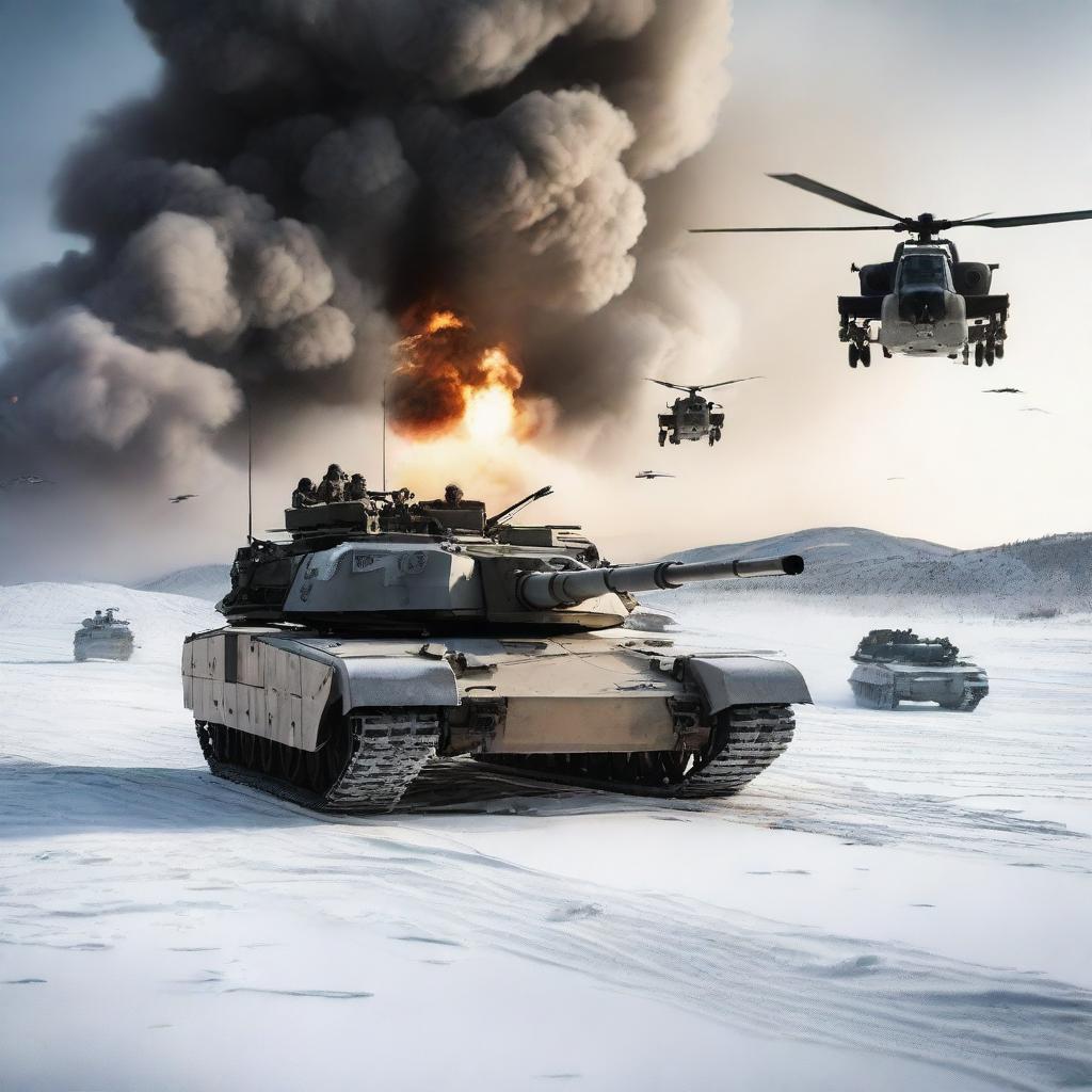 A detailed image of an M1 Abrams tank in a snowy landscape, with helicopters flying overhead, soldiers in the background, and explosions occurring all around