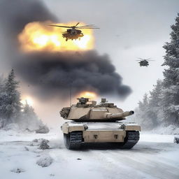 A detailed image of an M1 Abrams tank in a snowy landscape, with helicopters flying overhead, soldiers in the background, and explosions occurring all around