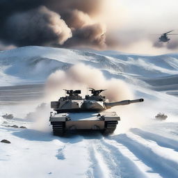 A detailed image of an M1 Abrams tank in a snowy landscape, with helicopters flying overhead, soldiers in the background, and explosions occurring all around