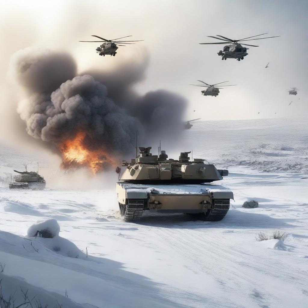 A detailed image of an M1 Abrams tank in a snowy landscape, with helicopters flying overhead, soldiers in the background, and explosions occurring all around