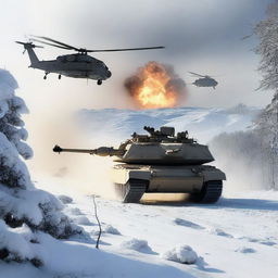 A detailed image of an M1 Abrams tank in a snowy landscape, with helicopters flying overhead, soldiers in the background, and explosions occurring all around