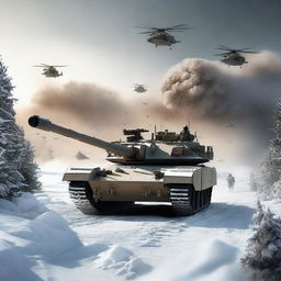 A detailed image of an M1 Abrams tank in a snowy landscape, with helicopters flying overhead, soldiers in the background, and explosions occurring all around