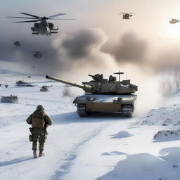 A detailed image of an M1 Abrams tank in a snowy landscape, with helicopters flying overhead, soldiers in the background, and explosions occurring all around