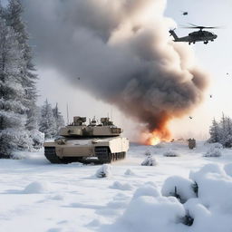 A detailed image of an M1 Abrams tank in a snowy landscape, with helicopters flying overhead, soldiers in the background, and explosions occurring all around