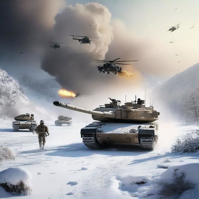 A detailed image of an M1 Abrams tank in a snowy landscape, with helicopters flying overhead, soldiers in the background, and explosions occurring all around