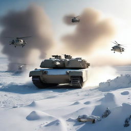 A detailed image of an M1 Abrams tank in a snowy landscape, with helicopters flying overhead, soldiers in the background, and explosions occurring all around