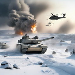 A detailed image of an M1 Abrams tank in a snowy landscape, with helicopters flying overhead, soldiers in the background, and explosions occurring all around