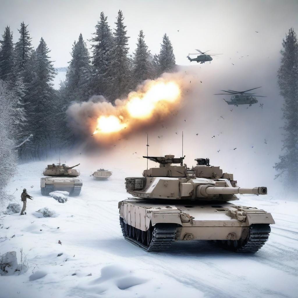 A detailed image of an M1 Abrams tank in a snowy landscape, with helicopters flying overhead, soldiers in the background, and explosions occurring all around