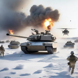 A detailed image of an M1 Abrams tank in a snowy landscape, with helicopters flying overhead, soldiers in the background, and explosions occurring all around