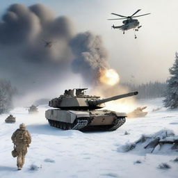 A detailed image of an M1 Abrams tank in a snowy landscape, with helicopters flying overhead, soldiers in the background, and explosions occurring all around