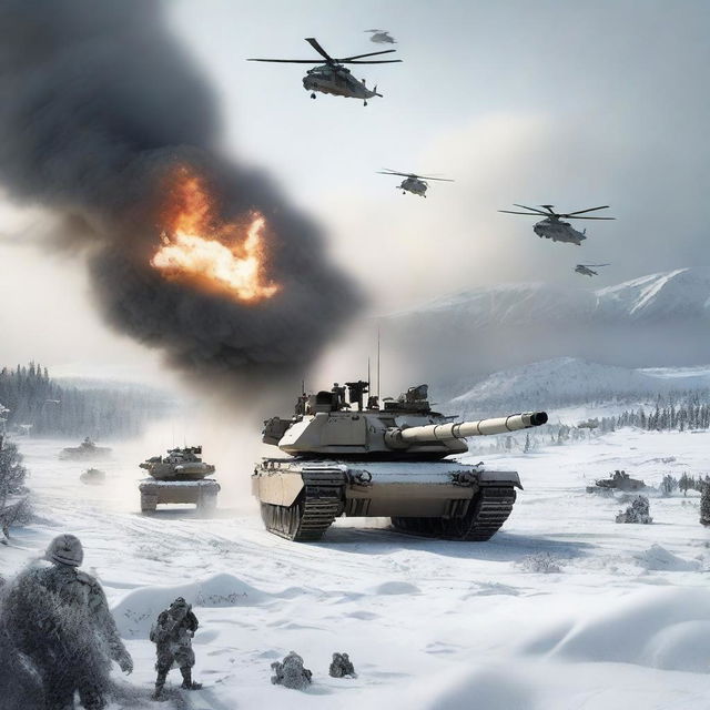 A detailed image of an M1 Abrams tank in a snowy landscape, with helicopters flying overhead, soldiers in the background, and explosions occurring all around