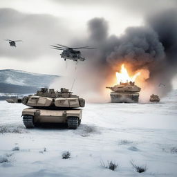 A detailed image of an M1 Abrams tank in a snowy landscape, with helicopters flying overhead, soldiers in the background, and explosions occurring all around