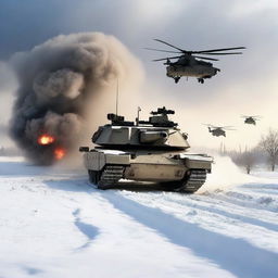 A detailed image of an M1 Abrams tank in a snowy landscape, with helicopters flying overhead, soldiers in the background, and explosions occurring all around