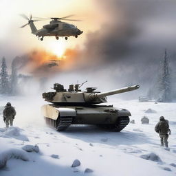 A detailed image of an M1 Abrams tank in a snowy landscape, with helicopters flying overhead, soldiers in the background, and explosions occurring all around