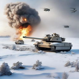 A detailed image of an M1 Abrams tank in a snowy landscape, with helicopters flying overhead, soldiers in the background, and explosions occurring all around