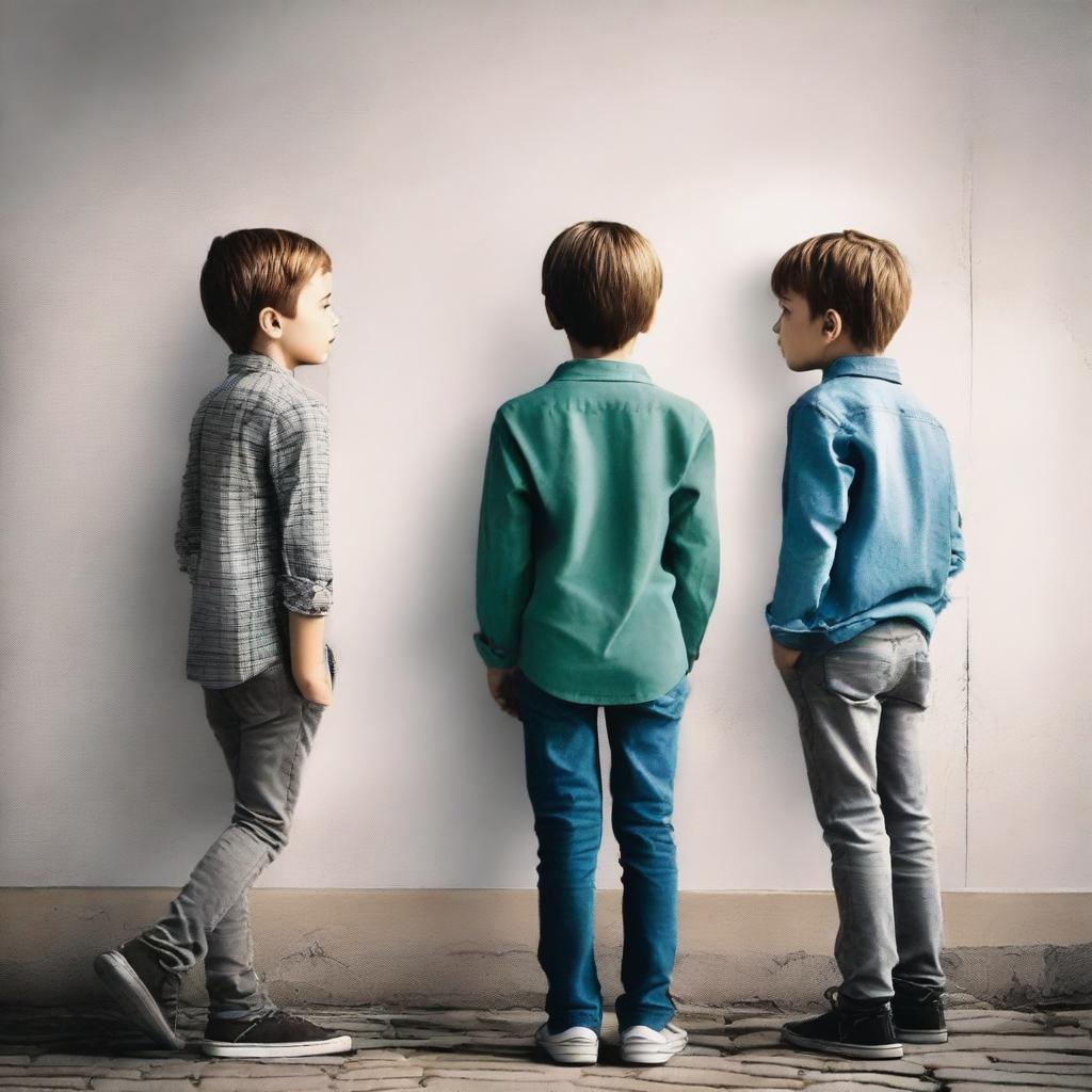 Create a cover featuring two boys standing back to back with a wall in between them