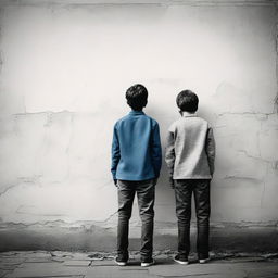 Create a cover featuring two boys standing back to back with a wall in between them