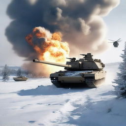 A detailed image of an M1 Abrams tank in a snowy landscape, with helicopters flying overhead, soldiers in the background, and explosions occurring all around