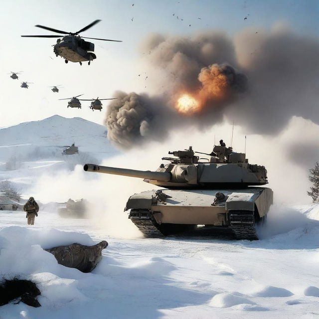 A detailed image of an M1 Abrams tank in a snowy landscape, with helicopters flying overhead, soldiers in the background, and explosions occurring all around