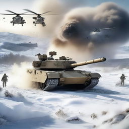 A detailed image of an M1 Abrams tank in a snowy landscape, with helicopters flying overhead, soldiers in the background, and explosions occurring all around