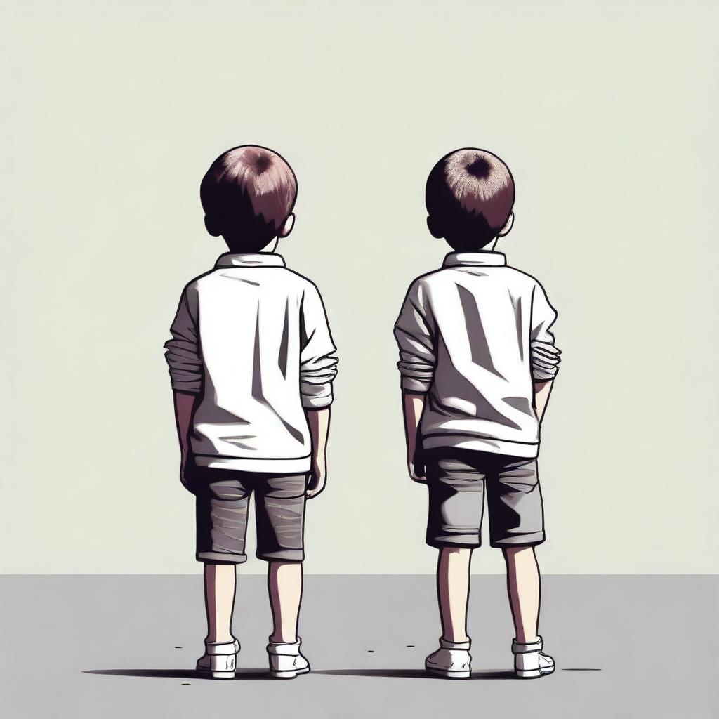 Create an image featuring two boys standing back to back