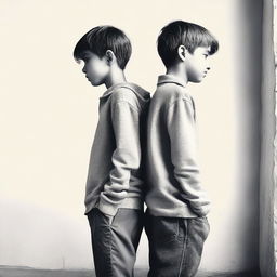 Create an image featuring two boys standing back to back