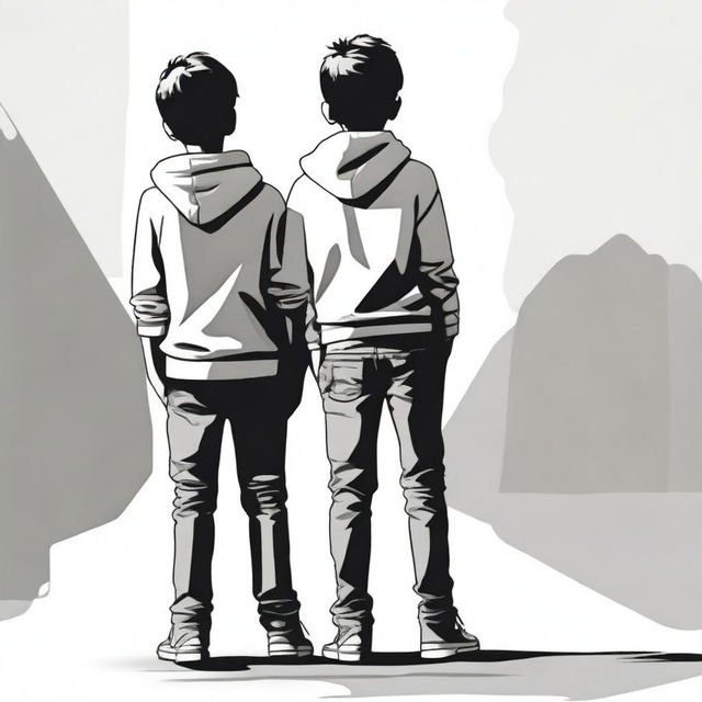 Create an image featuring two boys standing back to back