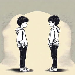 Create an image featuring two boys standing back to back